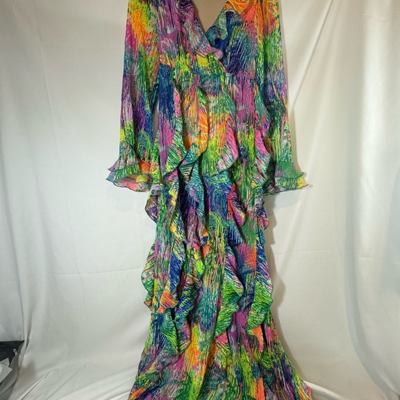 show me your mumu Jenny Ruffle Maxi Dress Small Vibrant colorful chiffon - Picture 6 of 8